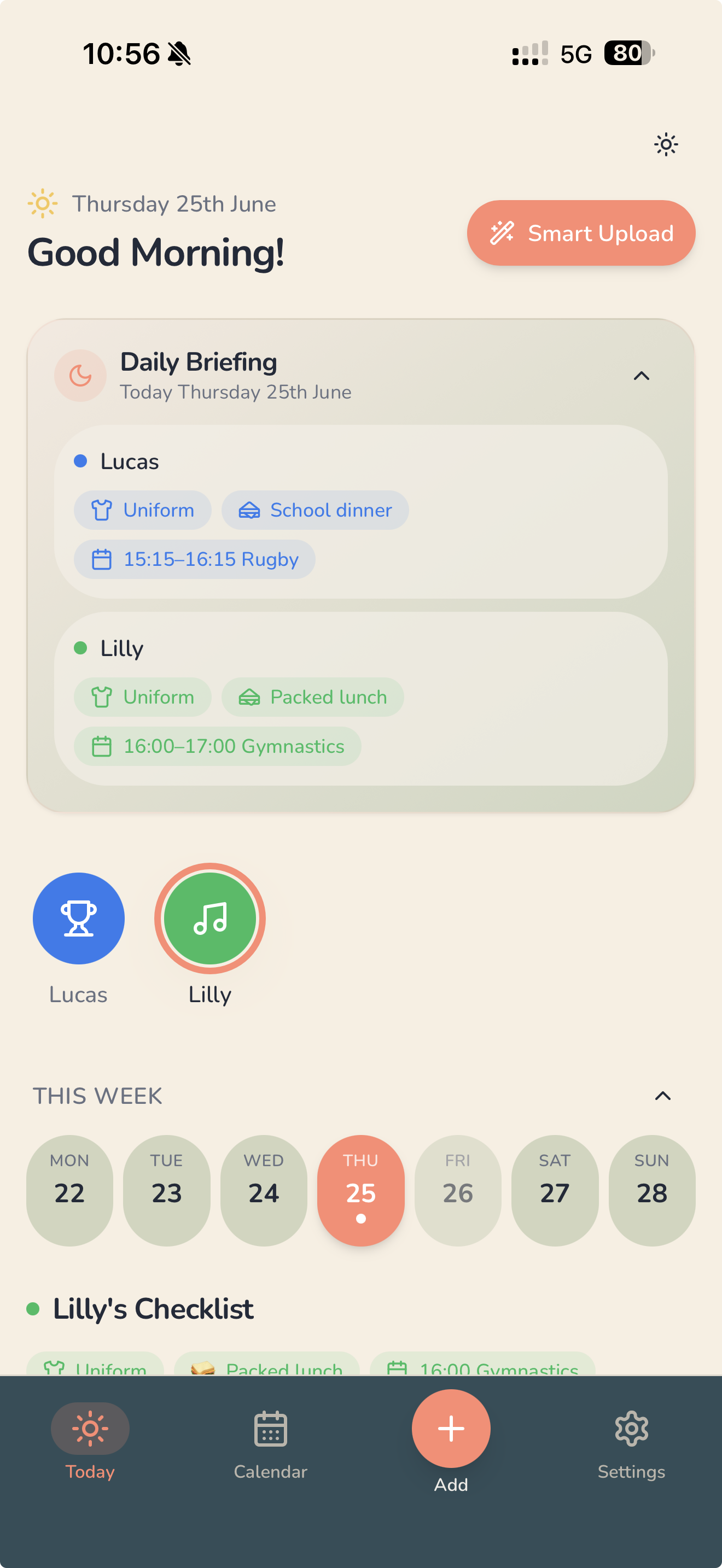 SchoolSync Daily Briefing screen showing Lucas and Lilly's day at a glance